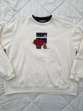 Vintage Classic Elements Womens Large White Poinsettia Cat Sweater Embroidered